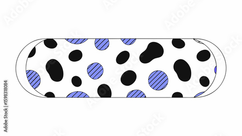 Abstract design featuring a playful array of black and blue polka dots on a white background.
