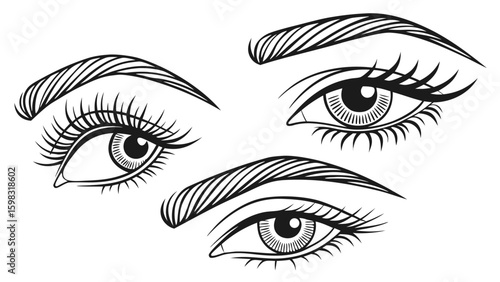 Three Female Eyes Silhouettes Black Ink Eyebrows Lashes