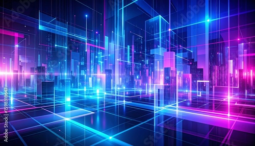 Futuristic city landscape with vibrant neon lines and glowing blocks