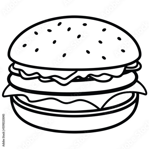 Simple black and white line drawing of a classic hamburger