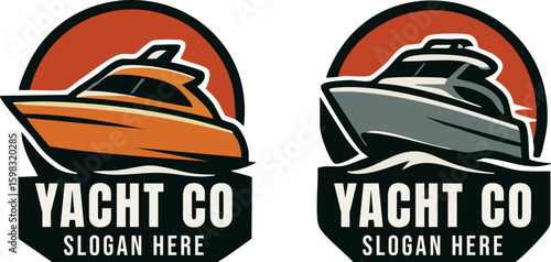 Stylish Yacht Company Logo Design with Orange and Gray Yacht.