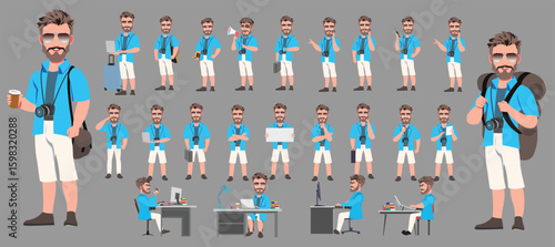 Traveler character model sheet, Character poses, expressions, Walk cycle, Run cycle animated character sequences.