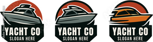 A set of three stylized yacht and motorboat logo emblem templates for a company or club.