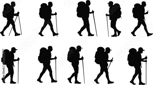 Vector art of silhouettes of hikers with backpacks and trekking poles walking, isolated on white background