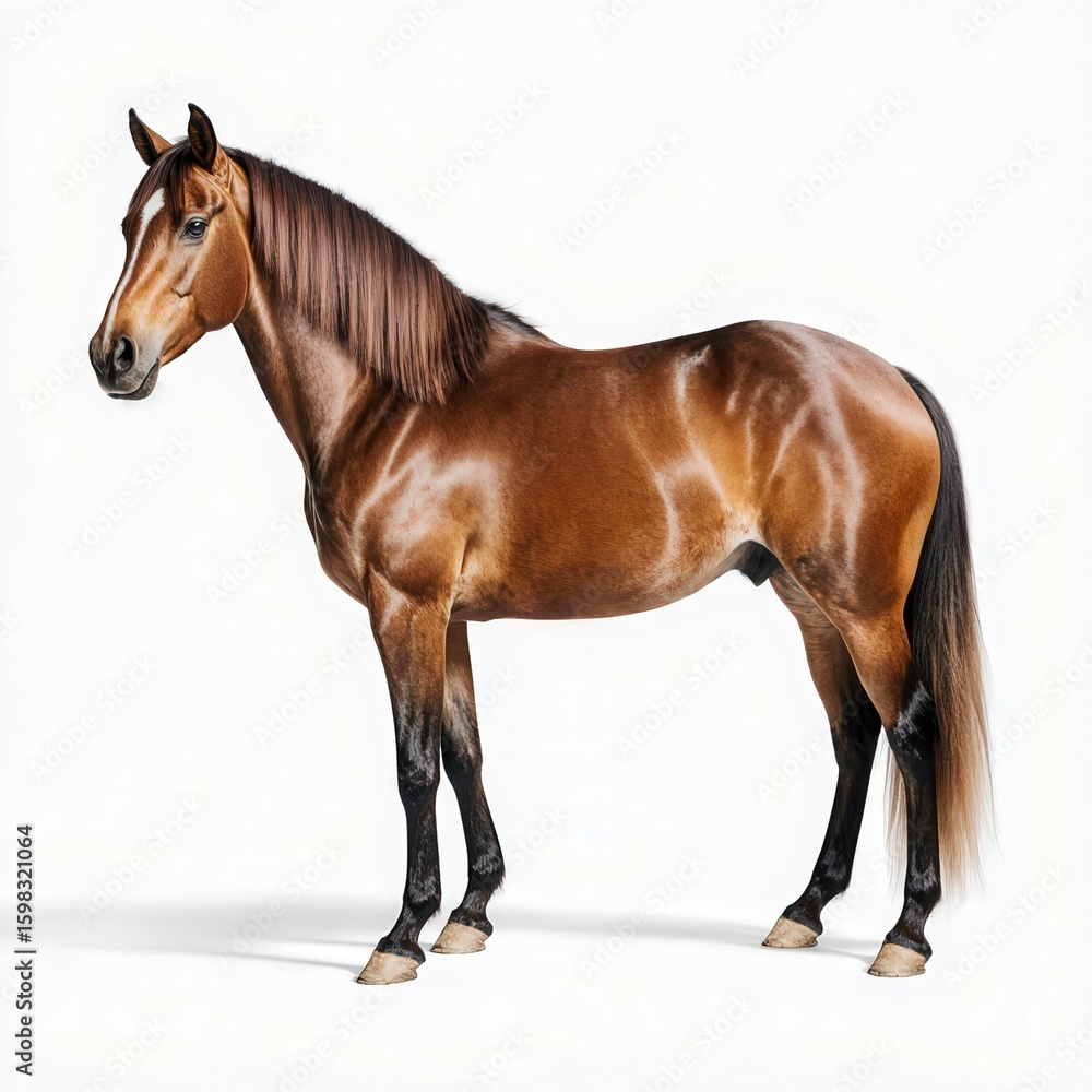 Obraz premium Majestic Horse Portrait: A stunning chestnut horse stands in a graceful pose, showcasing its sleek coat, flowing mane, and powerful build, capturing the essence of equine beauty.