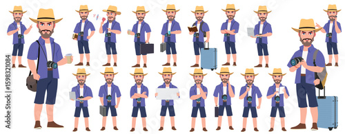 Traveler character model sheet, Character poses, expressions, Walk cycle, Run cycle animated character sequences.