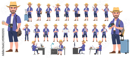 Traveler character model sheet, Character poses, expressions, Walk cycle, Run cycle animated character sequences.