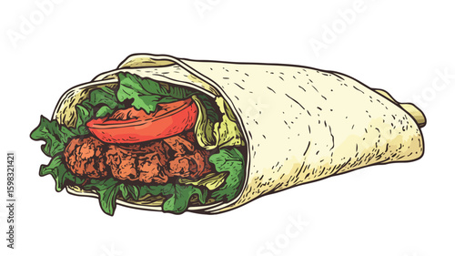 Shawarma Color Engraving Raster Illustration Isolated