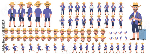 Traveler character model sheet, Character poses, expressions, Walk cycle, Run cycle animated character sequences.