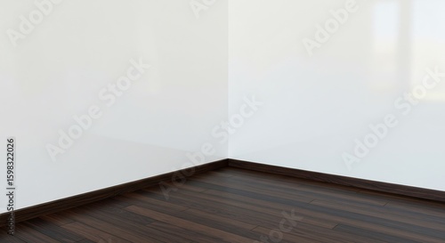 Clean, modern empty room corner featuring dark brown wooden flooring and bright, glossy white walls showing a window reflection. Perfect for interior design mockups or real estate concepts.