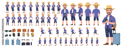 Traveler character model sheet, Character poses, expressions, Walk cycle, Run cycle animated character sequences.