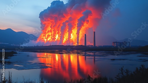 Industrial plant emitting plumes of smoke and flames over a tranquil body of water.
