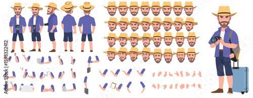 Traveler character model sheet, Character poses, expressions, Walk cycle, Run cycle animated character sequences.