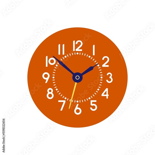 Orange alarm clock face with white numbers and blue hands