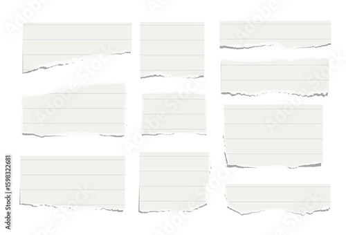 Set of torn pieces of lined paper isolated on a white background. Paper collage. 