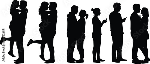 Couples silhouette, romantic poses, mobile interaction, love and technology, embrace and kiss, relationship moment, modern connection, Adobe Stock, vector image, communication bond