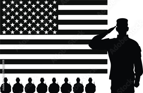 Silhouette of soldiers saluting with American flag in the background black and white