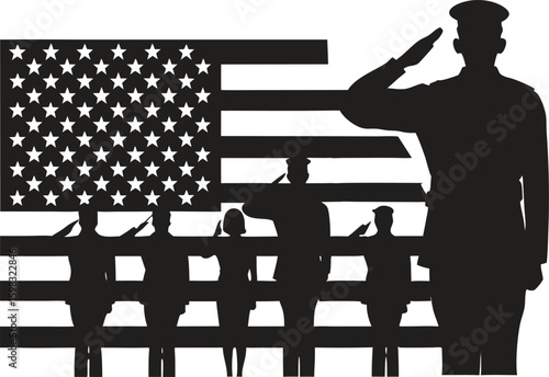 Silhouette of soldiers saluting with American flag for Veterans Day or Memorial Day