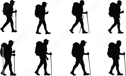 Vector art of silhouettes of hikers with backpacks and trekking poles are walking, isolated on white background