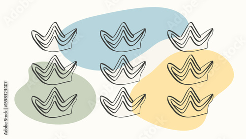 Stylized crowns in a playful arrangement on abstract colored backgrounds.