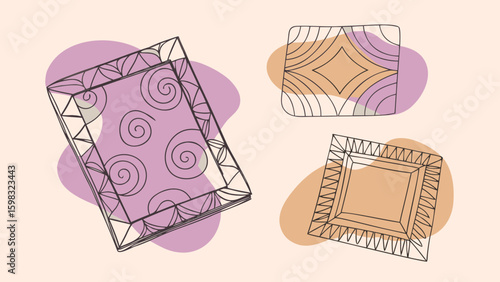 Artistic line drawings of decorative frames in pastel colors, creating a modern and elegant aesthetic.