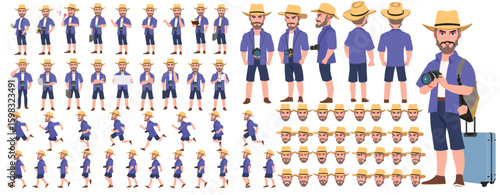 Traveler character model sheet, Character poses, expressions, Walk cycle, Run cycle animated character sequences.
