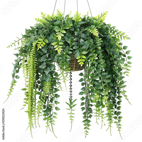 Lush green hanging plant arrangement with cascading vines and ferns isolated on transparent background