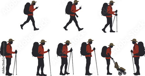 Vector art of a hiker with a backpack and trekking pole is walking, isolated on white background