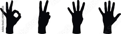 Hand gestures silhouette, peace sign, OK gesture, five fingers, counting fingers, black and white image, communication symbol, Adobe Stock, isolated design, non-verbal expression
