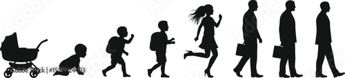 Human life stages, silhouette progression, childhood to adulthood, personal growth, age evolution, educational concept, Adobe Stock, milestone journey, family development, visual transformation
