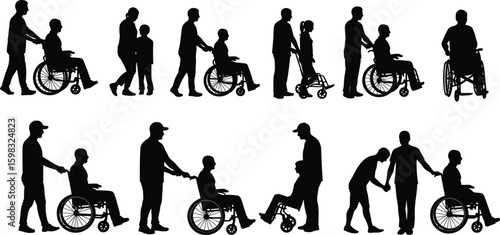 Wheelchair assistance silhouettes, caregiver compassion, mobility support, healthcare service, patient care, accessibility concept, medical help, Adobe Stock, disability aid, inclusive image
