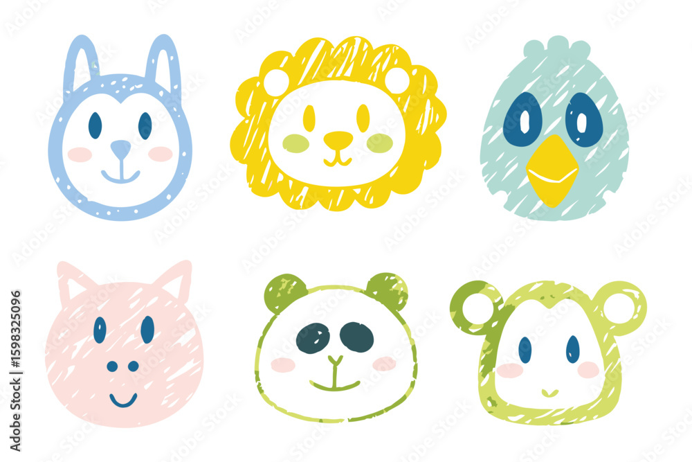 Obraz premium Adorable Animal Portraits: A collection of charming, hand-drawn portraits featuring a friendly assortment of animals, each radiating a unique, cheerful personality.