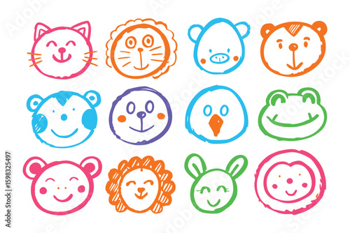 Whimsical Animal Cartoon Faces: A delightful collection of colorful, hand-drawn cartoon faces featuring a variety of cheerful animals, perfect for adding a touch of playful joy to any project.