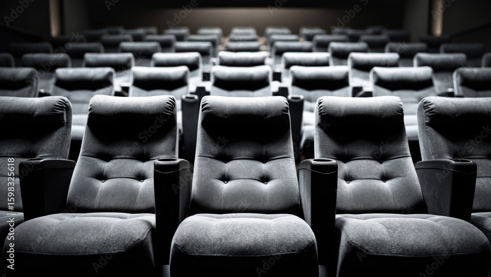 Obraz premium Rows of black theater or cinema chairs arranged in a lecture hall or auditorium setting.