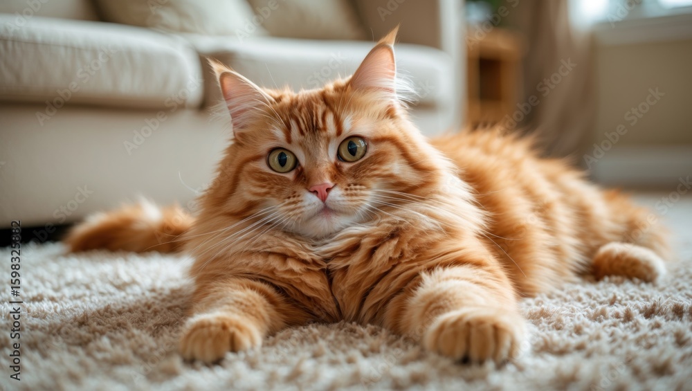 Orange cat lying on a carpet in a cozy indoor setting. Pet and domestic animal. Comfortable and relaxed atmosphere. The concept of cats and home comfort. Orange cat lying on a carpet in a cozy indoor setting. Pet and domestic animal. Comfortable and relaxed atmosphere. The concept of cats and home comfort.