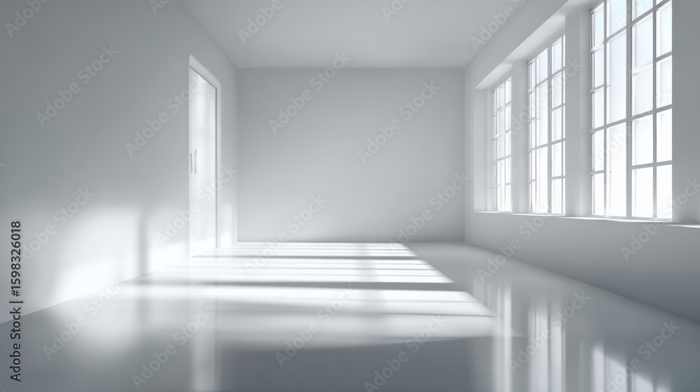 Fototapeta premium Spacious empty interior with natural light streaming through large windows, featuring minimalist design and clean lines.