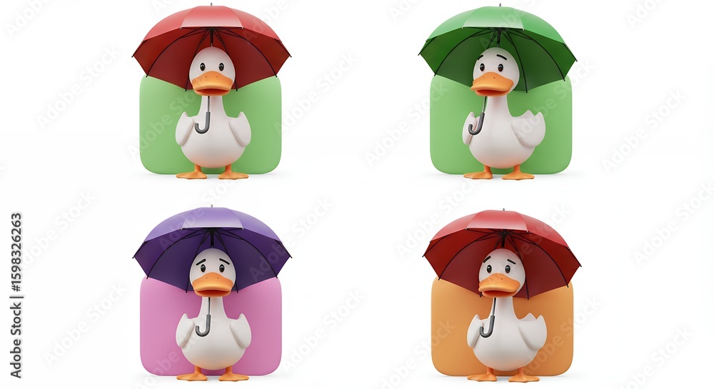 Naklejka premium Four ducks with umbrellas in pastel backgrounds