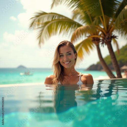 Woman Relaxing in Infinity Pool with Ocean Horizon and Champagne