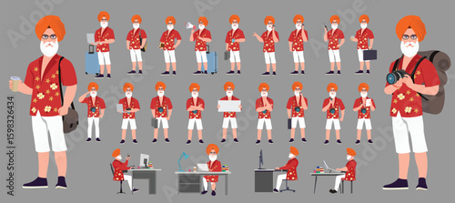 Traveler character model sheet, Character poses, expressions, Walk cycle, Run cycle animated character sequences.
