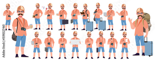 Traveler character model sheet, Character poses, expressions, Walk cycle, Run cycle animated character sequences.