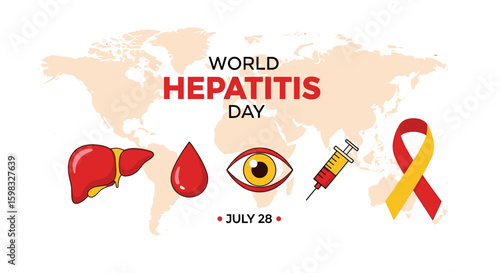 World Hepatitis Day awareness campaign features icons of liver, blood drop, eye, syringe, and ribbon on world map background.