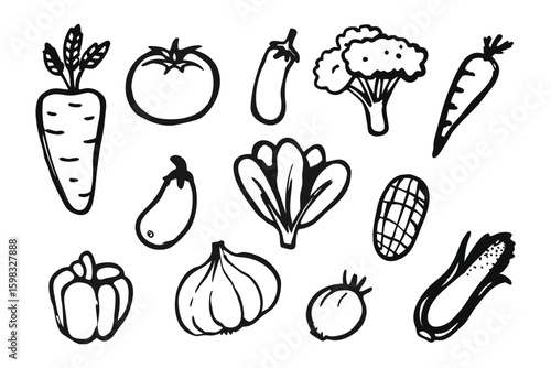 Variety of Fresh Vegetables: A captivating ink sketch showcases a bountiful assortment of garden-fresh produce, rendered in intricate detail to celebrate the essence of nature's pantry.