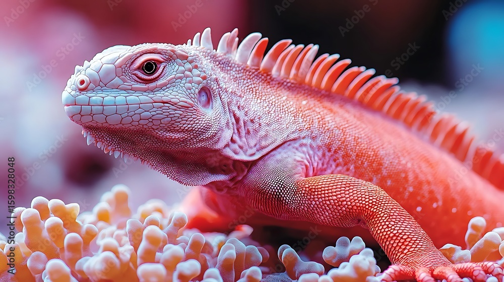 Fototapeta premium Close-up of a vibrant pink iguana resting on coral.
