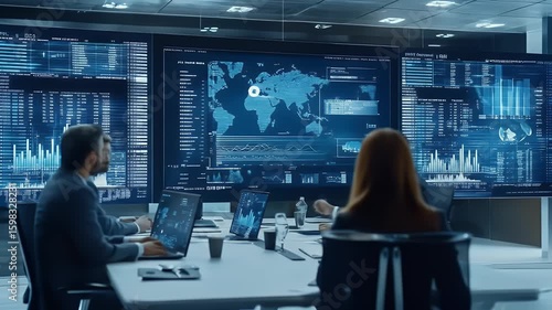 People analyze data displayed on large screens in a modern, bright conference room