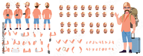 Traveler character model sheet, Character poses, expressions, Walk cycle, Run cycle animated character sequences.