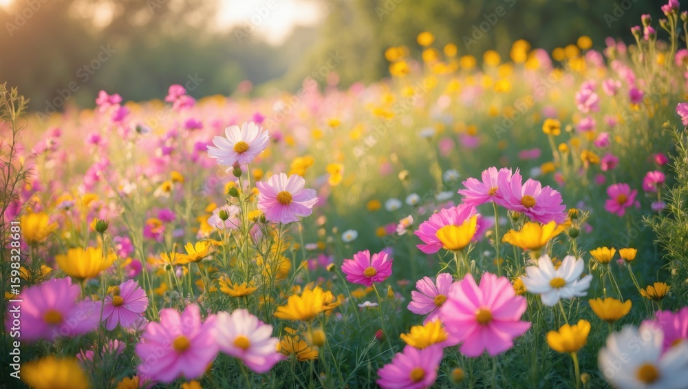 Obraz premium Colorful flower meadow with pink, yellow, and white blossoms in bloom during sunlight. Nature and floral landscape. Blooming flowers and vibrant garden scene.