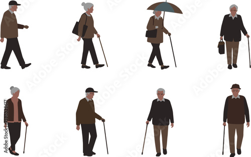 Vector art of a collection of elderly people walking with canes and umbrellas on a white background