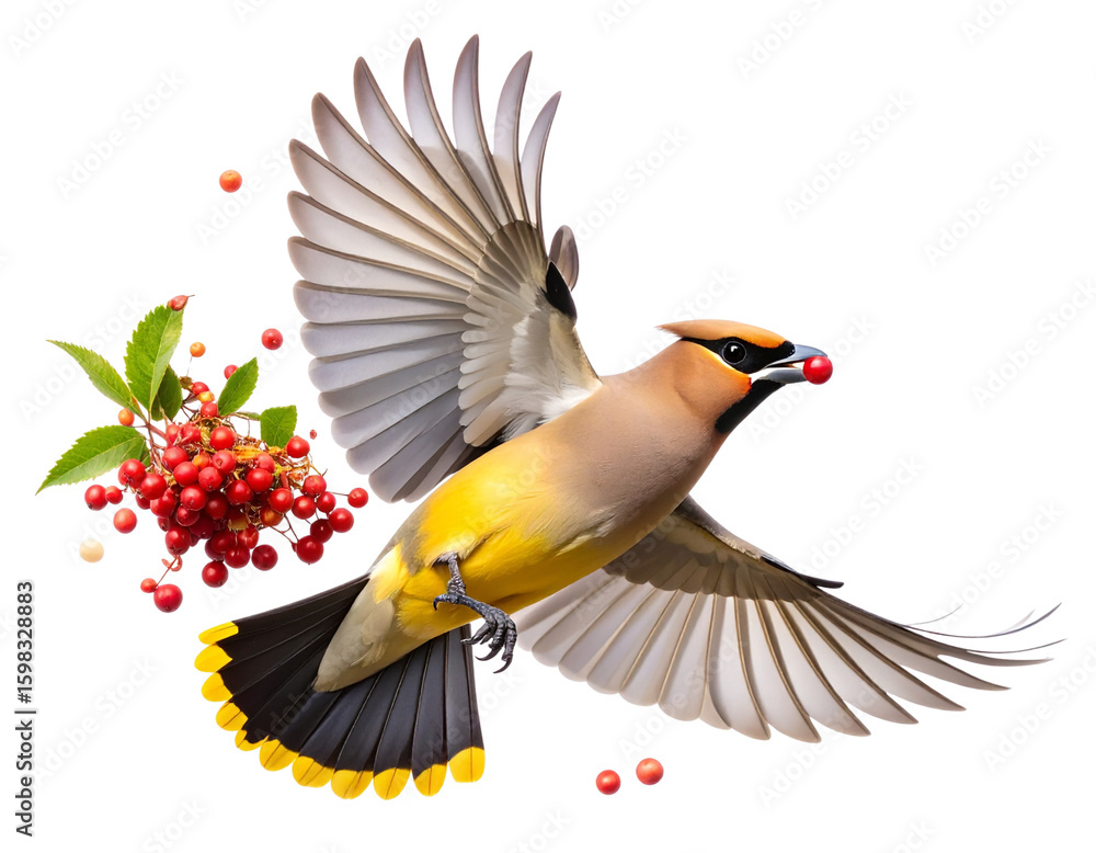 Fototapeta premium Artistic Floating Cedar Waxwing with Serviceberries, Dynamic Feeding Scene, Isolated PNG