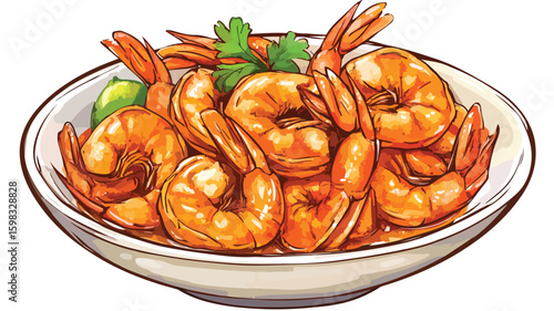 Vibrant Stir-Fried Shrimp in Spicy Curry Color Engraving Image