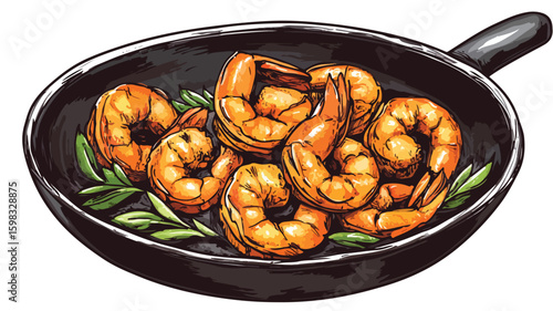 Vibrant Stir-Fried Shrimp in Spicy Curry Color Engraving Image